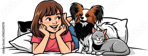 A girl and her pets, a dog and cat, relax on pillows, smiling
