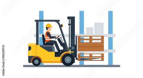 forklift operator moving pallets in large warehouse storage facility, logistics transportation and inventory handling concept in clean minimal vector style