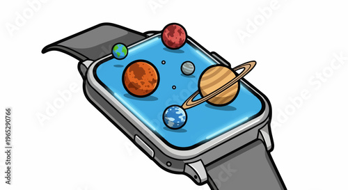 A digital device displays a solar system on its screen with celestial bodies orbiting