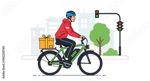 delivery courier riding electric bike carrying package in urban street, eco friendly last mile delivery and e-commerce logistics concept in modern vector style