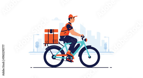 delivery courier riding electric bike carrying package in urban street, eco friendly last mile delivery and e-commerce logistics concept in modern vector style