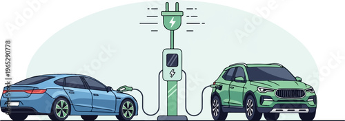 Two electric cars, one blue sedan, one green SUV, charging at a station