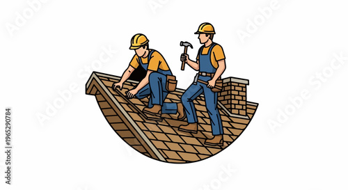 Two roofers in protective gear working on a shingled roof with a brick chimney
