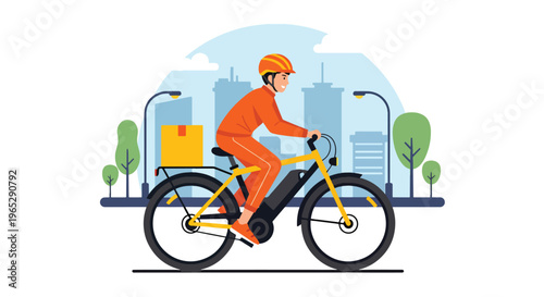delivery courier riding electric bike carrying package in urban street, eco friendly last mile delivery and e-commerce logistics concept in modern vector style
