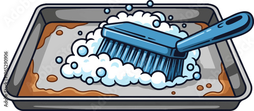 A brush scrubs a dirty baking pan with soap and bubbles