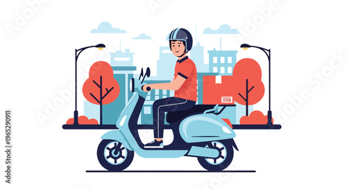 delivery courier riding electric bike carrying package in urban street, eco friendly last mile delivery and e-commerce logistics concept in modern vector style