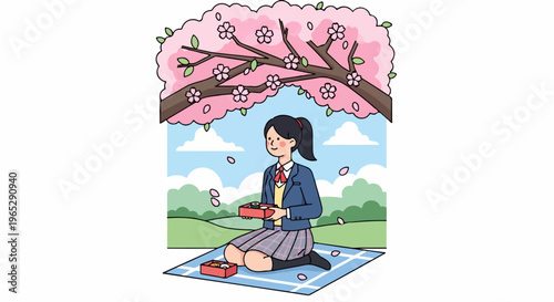 Young person in school uniform enjoys a picnic under blooming cherry trees