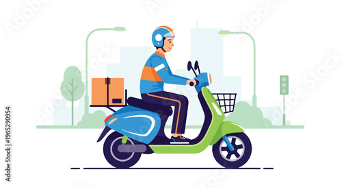 delivery courier riding electric bike carrying package in urban street, eco friendly last mile delivery and e-commerce logistics concept in modern vector style