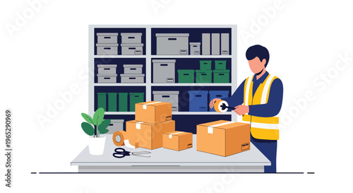 Flat style vector illustration of warehouse worker packing boxes at shipping station, e-commerce order processing and logistics fulfillment workflow in clean modern style