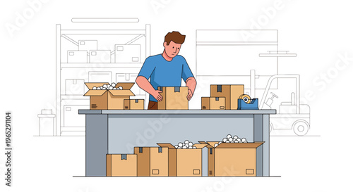 Flat style vector illustration of warehouse worker packing boxes at shipping station, e-commerce order processing and logistics fulfillment workflow in clean modern style