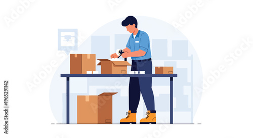 Flat style vector illustration of warehouse worker packing boxes at shipping station, e-commerce order processing and logistics fulfillment workflow in clean modern style