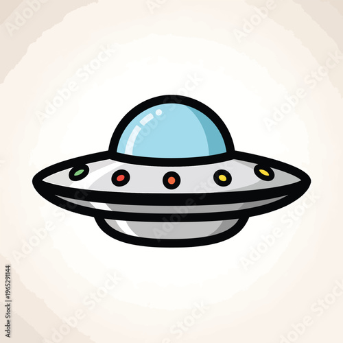 A cartoon-styled flying saucer illustration, featuring a light blue dome and a silver base. The design includes colorful lights and a thick black outline