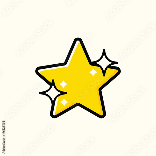 A cartoon-styled illustration features a five-pointed star with a golden hue, outlined in black, with two twinkles on the side