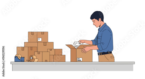 Flat style vector illustration of warehouse worker packing boxes at shipping station, e-commerce order processing and logistics fulfillment workflow in clean modern style