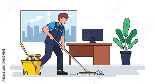 Flat style vector illustration of janitor cleaning office floor with mop in corporate building interior, workplace hygiene and maintenance service concept in modern style