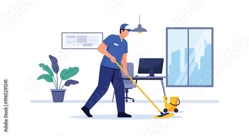 Flat style vector illustration of janitor cleaning office floor with mop in corporate building interior, workplace hygiene and maintenance service concept in modern style