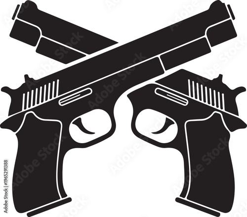 Crossed black pistols, handguns, guns, weapon icons, vector firearms