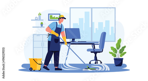 Flat style vector illustration of janitor cleaning office floor with mop in corporate building interior, workplace hygiene and maintenance service concept in modern style