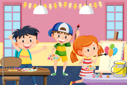 Happy children in an art class painting