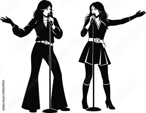 Stylized silhouette of two retro female singers performing expressively with microphones on stage, flared pants, short skirt, knee‑high boots, vintage concert energy