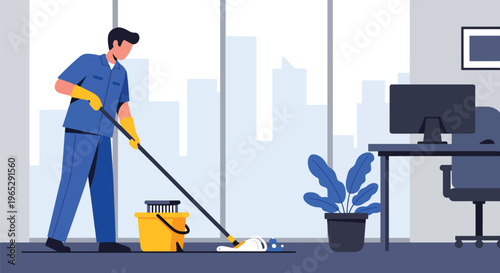 Flat style vector illustration of janitor cleaning office floor with mop in corporate building interior, workplace hygiene and maintenance service concept in modern style