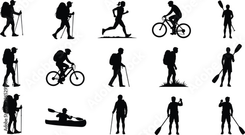 Collection of twelve dynamic silhouettes depicting outdoor activities including hiking, running, cycling, kayaking, walking, and paddling, symbolizing adventur