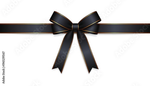A digitally rendered, detailed black ribbon tied in a bow with gold trim. The ribbon sits horizontally against a white backdrop