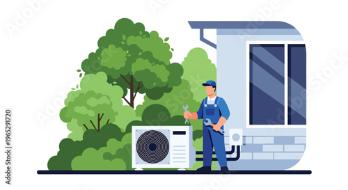 Flat style vector illustration of HVAC technician repairing air conditioning unit on residential exterior wall, cooling system maintenance and home service concept