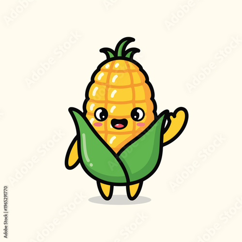 A cartoon-style illustration of an anthropomorphic ear of corn, smiling and waving with friendly eyes and leaves. The background is a cream color