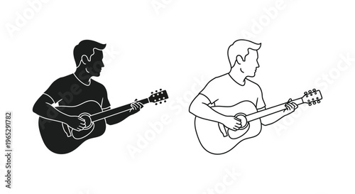 Guitar players silhouette and line art music illustration Vector