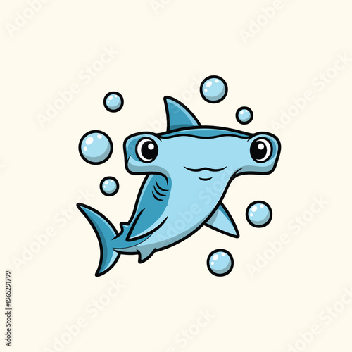 A cartoon-styled illustration of a friendly hammerhead shark swims amongst bubbles against a neutral background. The shark is light blue