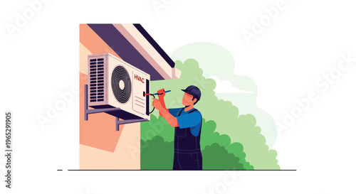 Flat style vector illustration of HVAC technician repairing air conditioning unit on residential exterior wall, cooling system maintenance and home service concept