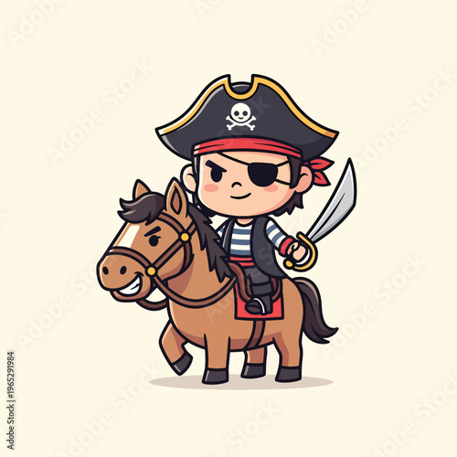 A cartoon-style illustration of a pirate character, riding a brown horse. The pirate wears a hat, eyepatch, striped shirt, and holds a sword