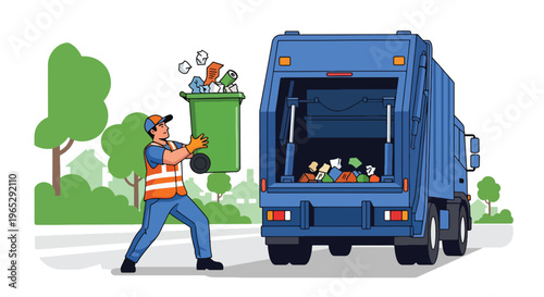 Flat style vector illustration of garbage collector lifting trash bin into truck on suburban street, sanitation service and waste management concept in clean modern style