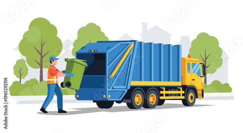 Flat style vector illustration of garbage collector lifting trash bin into truck on suburban street, sanitation service and waste management concept in clean modern style