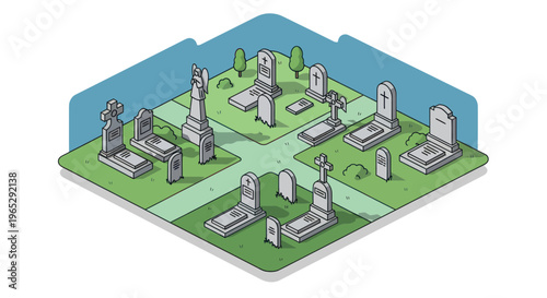 Isometric Cemetery Scene with Gravestones and Trees