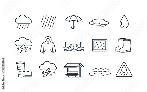 Minimal line icons of rainy weather and flood safety elements including clouds, raindrops, umbrella, raincoat, boots, storm and water warnings