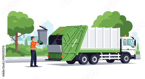 Flat style vector illustration of garbage collector lifting trash bin into truck on suburban street, sanitation service and waste management concept in clean modern style
