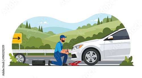 Flat style vector illustration of auto mechanic changing car tire in garage service station, roadside assistance and vehicle maintenance concept in clean modern vector style