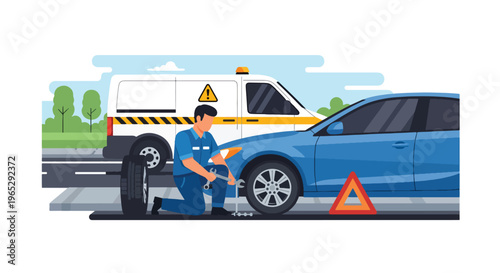 Flat style vector illustration of auto mechanic changing car tire in garage service station, roadside assistance and vehicle maintenance concept in clean modern vector style