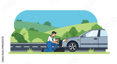 Flat style vector illustration of auto mechanic changing car tire in garage service station, roadside assistance and vehicle maintenance concept in clean modern vector style