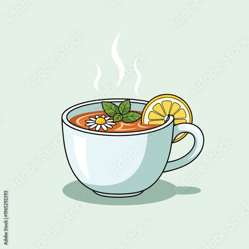 A cartoon-style illustration of a teacup filled with tea, a lemon slice, chamomile, and mint. Steam rises from the hot beverage, on a light green background