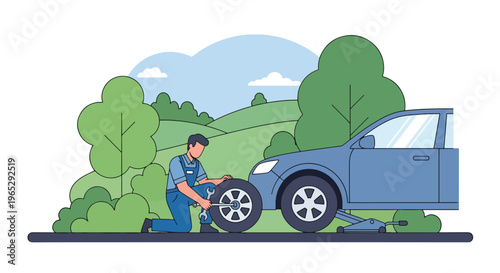 Flat style vector illustration of auto mechanic changing car tire in garage service station, roadside assistance and vehicle maintenance concept in clean modern vector style