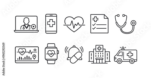Minimal medical and telehealth line icons set featuring doctor consultation, smartphone app, heart monitor, prescription, stethoscope, hospital and ambulance