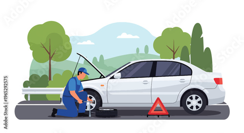 Flat style vector illustration of auto mechanic changing car tire in garage service station, roadside assistance and vehicle maintenance concept in clean modern vector style