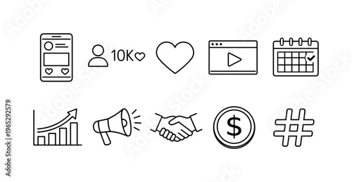 Minimal line icons set for social media marketing and business growth, featuring likes, followers, video, calendar, analytics, megaphone, handshake