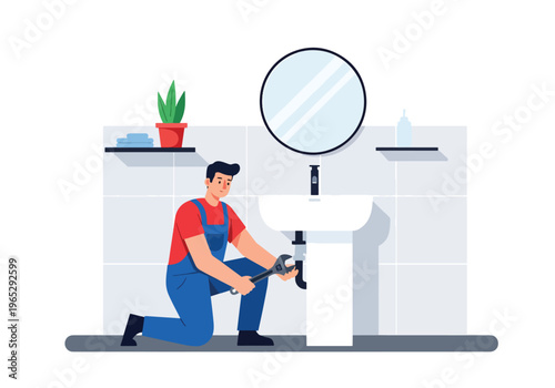 Flat style vector illustration of plumber installing bathroom sink in modern residential interior, plumbing installation and home maintenance service concept in clean minimal style