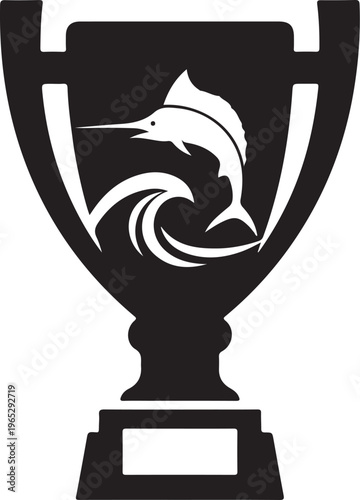 Trophy, award, vector icon, black and white, marlin fish design, sports prize, competition winner