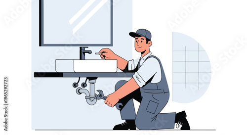 Flat style vector illustration of plumber installing bathroom sink in modern residential interior, plumbing installation and home maintenance service concept in clean minimal style