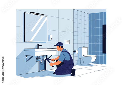 Flat style vector illustration of plumber installing bathroom sink in modern residential interior, plumbing installation and home maintenance service concept in clean minimal style